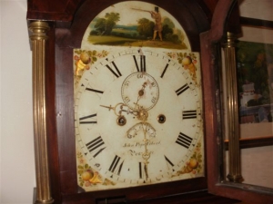 Close up of clock face of grandfather clock made by John Pope vibert born 1790 in penzance